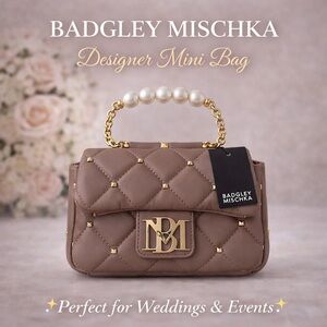 Badgley Mischka Mini Bag Taupe Quilted Pearl Handle Crossbody NWT Wedding